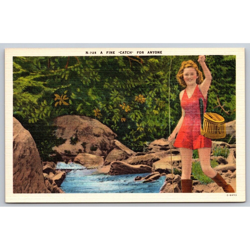 Postcard A Fine Catch For Anyone Girl with Fishing Pole and Fish Basket c1940s